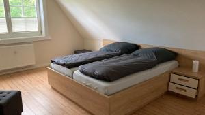 a bed with blue pillows on it in a room at Ferienhaus Spreewald direkt am Wasser in Burg Kauper