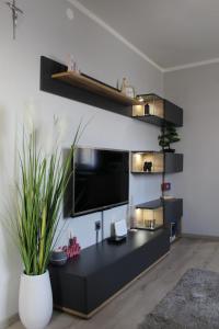 uma sala de estar com um centro de entretenimento preto com uma televisão de ecrã plano em Apartment Dominik-Posedarje em Posedarje
