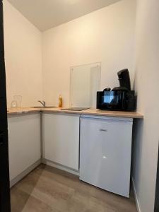 uma cozinha com um balcão, um lavatório e um micro-ondas em ELEGANT PIERRE FABRE-T1-Wifi-Vélo em Castelnaudary