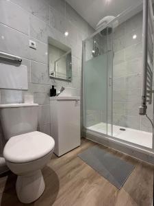 y baño con aseo y ducha. en ELEGANT PIERRE FABRE-T1-Wifi-Vélo, en Castelnaudary