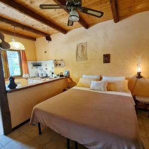 a bedroom with a large bed and a kitchen at Cascina Beneficio in Castelnuovo Bormida