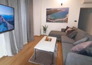 a living room with a couch and a tv at Luxury apartment Vela with swimming pool in Premantura