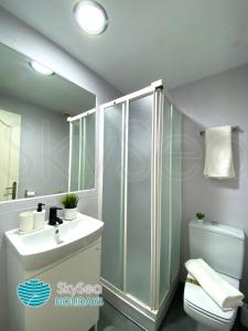 La salle de bains est pourvue d'une douche, d'un lavabo et de toilettes. dans l'établissement SkySea Holidays Riviera del Sol, à Malaga