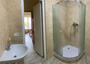 ein Bad mit einer Dusche und einem Waschbecken in der Unterkunft У Поттера in Ternopil