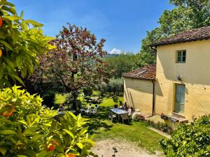 a garden with a table and a building and trees at Podere il Casone in Serravalle Pistoiese