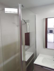 a bathroom with a glass shower and a sink at Relax Arimar Apartment Puerto Rico in Puerto Rico de Gran Canaria
