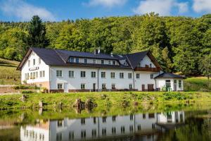 uma grande casa branca ao lado de um corpo de água em Waldschlösschen Brotterode em Brotterode