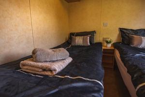 1 dormitorio con 2 camas y toallas. en Lochlands 2br family caravan - pets-play park, en Forfar