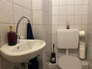 uma casa de banho com um lavatório branco e um WC. em Cil Apt.- Gemütliche Wohnung am Philosophenweg mit Netflix in zentraler & ruhiger Lage em Kassel