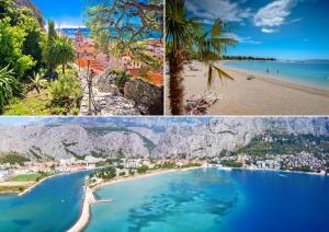 a collage of three pictures of a beach at Azra Apartments in Duće