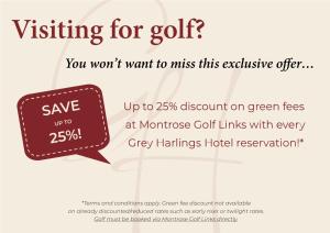 een flyer met een spraakbel waarin staat dat u deze exclusieve aanbieding niet wilt missen bij Grey Harlings Hotel in Montrose