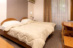 Un dormitorio con una cama grande y una ventana en Hotel Kanet, en Skopje