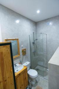 a bathroom with a shower and a toilet and a sink at Amwilla Guesthouse Apartamento Elsa in Mindelo