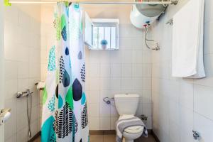 a bathroom with a toilet and a shower curtain at Makarounis Athanasios Traditional Apartments(Ξενώνας) in Petalidhion +49 photos