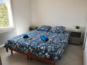 a bedroom with a bed with two blue hats on it at GITE COTE LAC in Valréas