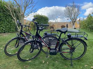 un gruppo di biciclette parcheggiate nell'erba di B&B Le Jardin de Sophie a Geraardsbergen