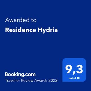 Residence Hydria tanúsítványa, márkajelzése vagy díja
