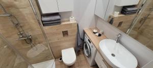 a bathroom with a shower and a toilet and a sink at Apartament Abrahama in Władysławowo +12 photos