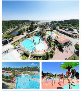 a collage of three pictures of a water park at Mobil home camping Les ViVIERS Cap Ferret in Claouey