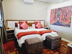 a bedroom with a large bed with red pillows at The Hank Bethlehem Pty Ltd in Bethlehem +42 photos