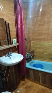 a bathroom with a sink and a tub with a shower curtain at Houseboat Pride of India in Srinagar
