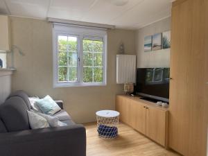 een woonkamer met een bank en een televisie bij RBR 813 - Beach Resort Kamperland in Kamperland