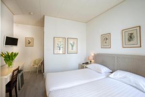 a bedroom with a bed and a desk and a tv at Piccolo Hotel in Locarno