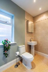 a bathroom with a toilet and a sink and a window at Contractor & Leisure & Garden & Central Location in Grimsby