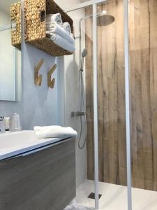 a bathroom with a shower and a sink at Hotel du Porge in Le Porge