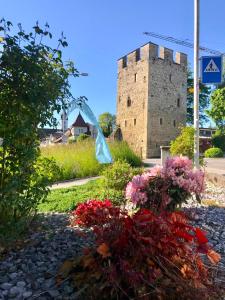 un ramo de flores delante de un castillo en Ferien-Sempachersee Sandra Sens en Sempach