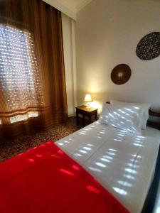 a bedroom with a bed with a red blanket and a window at Rania House in Neos Marmaras