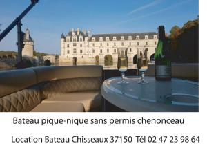 a table with two glasses of wine and a castle at Le Jardin du saumon in Angé