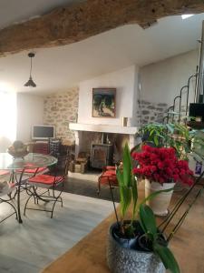 ein Wohnzimmer mit einem Tisch und einem Kamin in der Unterkunft La chocolatière in Anduze