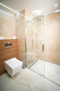 a bathroom with a glass shower and a toilet at Lux apartmán v hoteli Akvamarín Bešenová in Bešeňová
