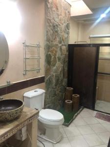 baño con aseo y pared de piedra en Tagaytay BNR Guesthouse 4BR With Balcony 12-14 Guest, en Tagaytay