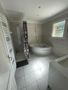 baño con bañera, aseo y ventana en APPARTEMENT LE DOMAINE DES LIBELLULES PROCHE WALIBI en Corbelin