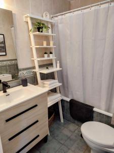 ein Badezimmer mit einem Waschbecken, einem WC und einem Duschvorhang in der Unterkunft Apartamento turístico Azahara in Nerja