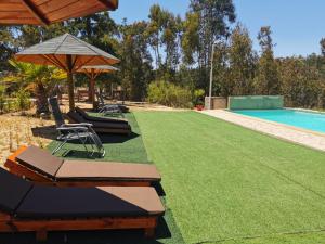 una piscina con sillas de césped y sombrilla en Domos y Cabañas Algarrobo, en Algarrobo