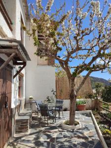 un patio con un árbol, sillas y una mesa en Casa Alpujarreña Fina Número 27 en Bubión