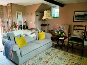 a living room with a gray couch and yellow pillows at Horseshoe Cottage Greyabbey in Greyabbey