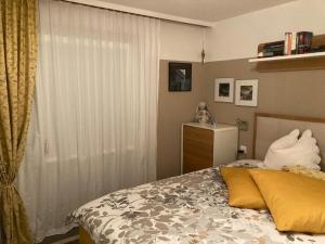 um quarto com uma cama e uma janela em Haus VALLESIA em Saas-Fee