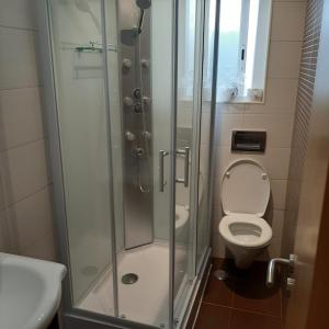 a bathroom with a shower with a toilet and a sink at Almada Cristo Rei in Almada