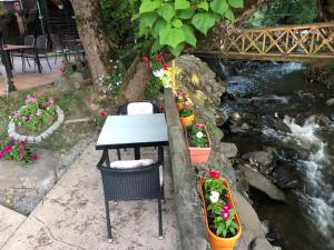 a table and chairs next to a stream with flowers at Sobe na Jošanici in Jošanička Banja