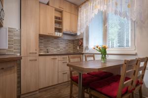 a kitchen with a wooden table and chairs and a window at Byt Staré koliesko, Jasná, Demänovská Dolina in Demanovska Dolina