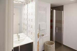 La salle de bains est pourvue d'un lavabo et d'un miroir. dans l'établissement Tulip Inn Massy Palaiseau - Residence, à Palaiseau