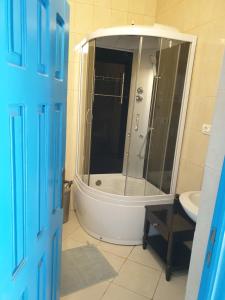 a bathroom with a shower and a toilet and a sink at Casa Anica in Sulina +25 photos