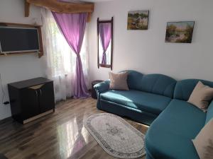 a living room with a blue couch and a television at Casa Anica in Sulina