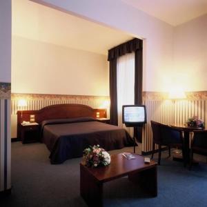 a hotel room with a bed and a television at Hotel Terme in Monticelli Terme