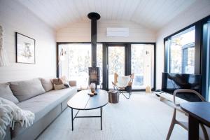 a living room with a couch and a fireplace at Villa Bruno in Syöte