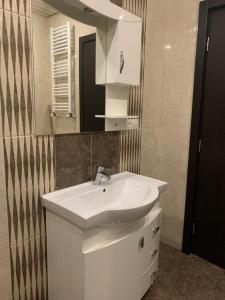 a bathroom with a white sink and a mirror at APARTMENT IN THE NEW CITY in Tbilisi City +11 photos